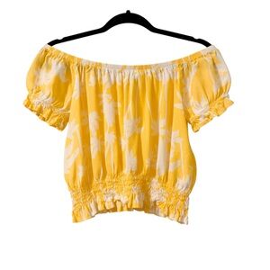 Forever 21 Yellow White Palm Print Off Shoulder Crop Top Medium